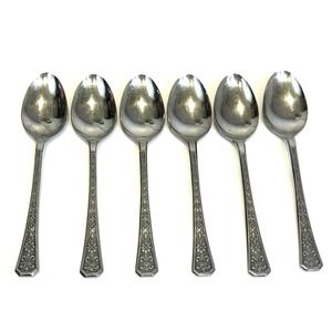 6 Florenz Interpur Japan Soup Spoons Stainless 8 Petal Flower 7.25 Inch Vintage